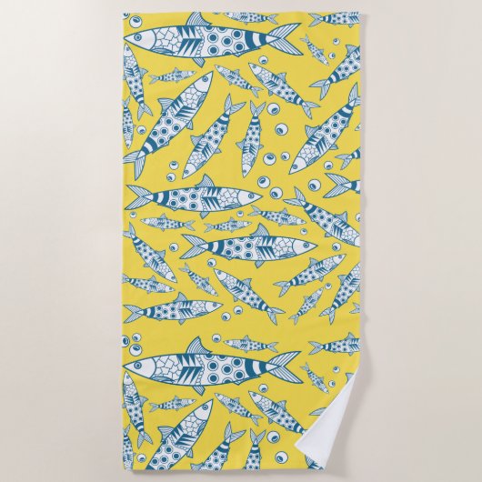Serviette De Plage Portugais Lisbonne Sardines Motif Azulejos Jaune (Devant)