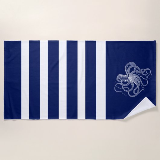 Serviette De Plage poulpe blanche à rayures bleues et blanches (Devant)