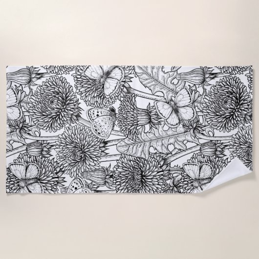 Serviette De Plage Pré Dandelion en noir et blanc (Devant)