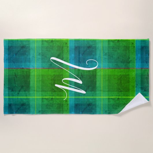 Serviette De Plage Préparation chic initiale vert et bleu tartan carr (Devant)