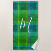 Serviette De Plage Préparation chic initiale vert et bleu tartan carr (Devant)