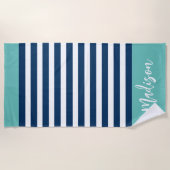 Serviette De Plage Preppy Nautical Stripe Navy Turquoise Calligraphie (Devant)