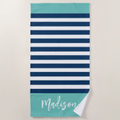 Serviette De Plage Preppy Nautical Stripe Navy Turquoise Calligraphie (Devant)