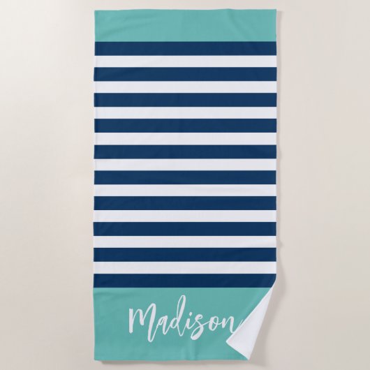 Serviette De Plage Preppy Nautical Stripe Navy Turquoise Calligraphie (Devant)