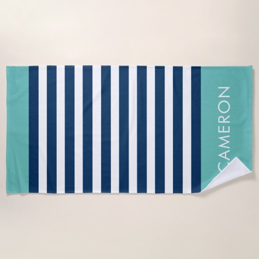 Serviette De Plage Preppy Nautical Stripe Navy Turquoise Nom (Devant)