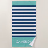 Serviette De Plage Preppy Nautical Stripe Navy Turquoise Nom (Devant)