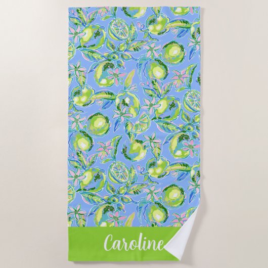 Serviette De Plage Preppy Palm Beach Blue avec Limes Personnalisé (Devant)