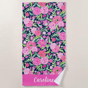 Serviette De Plage Preppy Palm Beach rose & Fleurs de marine Personna