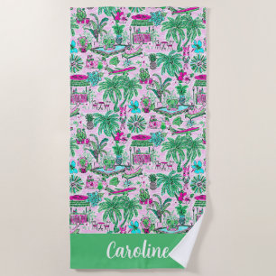 Serviette De Plage Preppy Palm Beach Vacances animal rose et vert