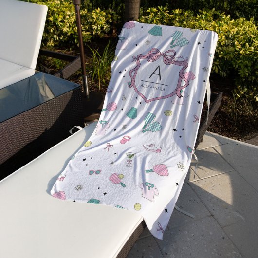 Serviette De Plage Preppy Pink Monogram Pickleball Gift for Her