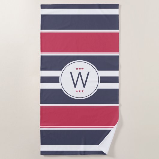 Serviette de plage Preppy Red, White & Blue Stripe (Devant)