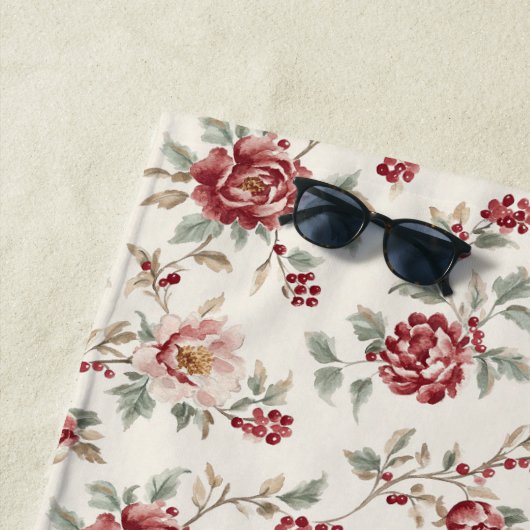 Serviette De Plage Pretty Chic Red Cream Floral  (En situation)