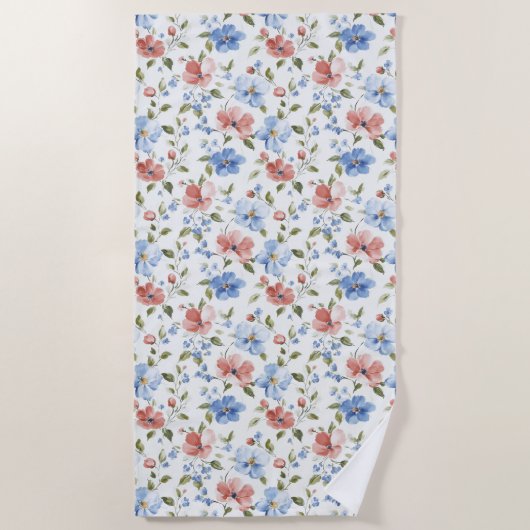 Serviette De Plage Pretty Red Blue Flowers (Devant)