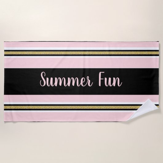 Serviette de plage printemps rose et blanc or noir (Devant)