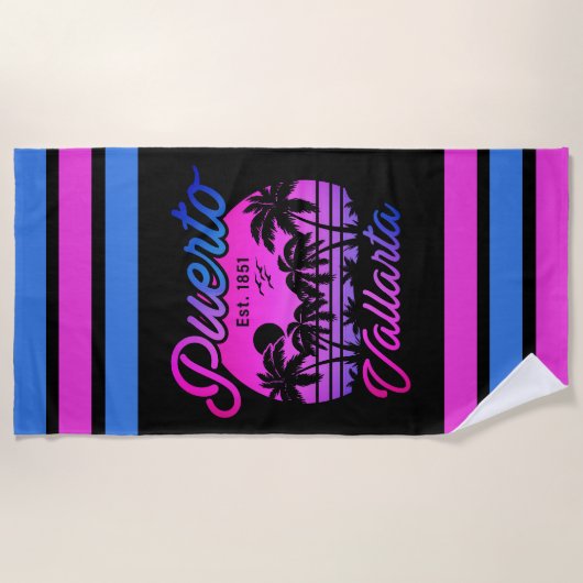 Serviette De Plage Puerto Vallarta Retro Sunset 80s Palm Trees (Devant)