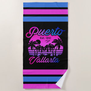 Serviette De Plage Puerto Vallarta Retro Sunset 80s Palm Trees