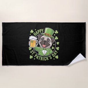 Serviette De Plage Pug drôle de la Saint-Patrick avec chope de bière