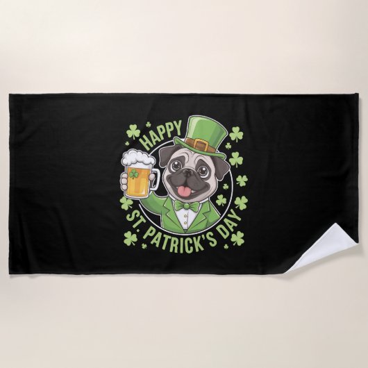 Serviette De Plage Pug drôle de la Saint-Patrick avec chope de bière (Devant)