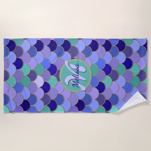 Serviette De Plage Purple & Aqua Turquoise Sirène Nom + Monogramme (Devant)
