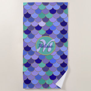 Serviette De Plage Purple & Aqua Turquoise Sirène Nom + Monogramme