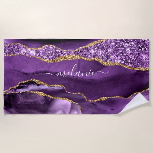 Serviette De Plage Purple Gold Parties scintillant Nom personnalisé B (Devant)
