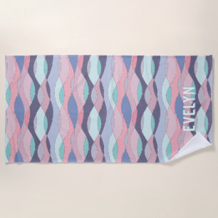 Serviette De Plage Purple Pink Aqua Wavy Nom personnalisé