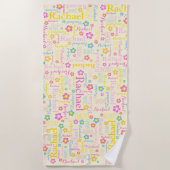 Serviette De Plage Rachel fleurs nom typographique jaune rose (Devant)