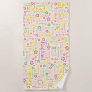 Serviette De Plage Rachel fleurs nom typographique jaune rose