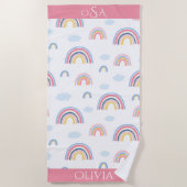 Serviette De Plage Rainbow Pink Blue Yellow Monogramme Nom Fille (Devant)