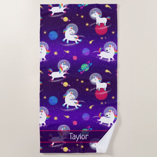Serviette De Plage Rainbow Unicorns In Space Purple Ombre (Devant)