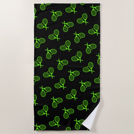 Serviette De Plage Raquettes de tennis vert néon fluorescent noir (Devant)