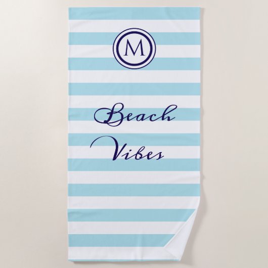 Serviette De Plage Rayé bleu clair et blanc, chic côtier nautique (Devant)