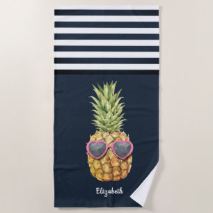 Serviette De Plage Rayé bleu marine nautique ananas frais