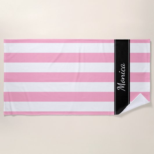 Serviette de plage rayée blanche et noire rose (Devant)