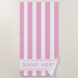 Serviette de plage rayée rose clair avec nom