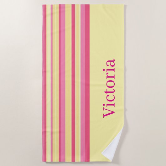 Serviette de plage rayée rose et jaune printemps (Devant)