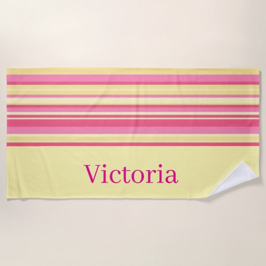 Serviette de plage rayée rose et jaune printemps (Devant)
