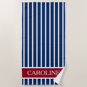 Serviette De Plage Rayure blanche et bleue rouge personnalisée