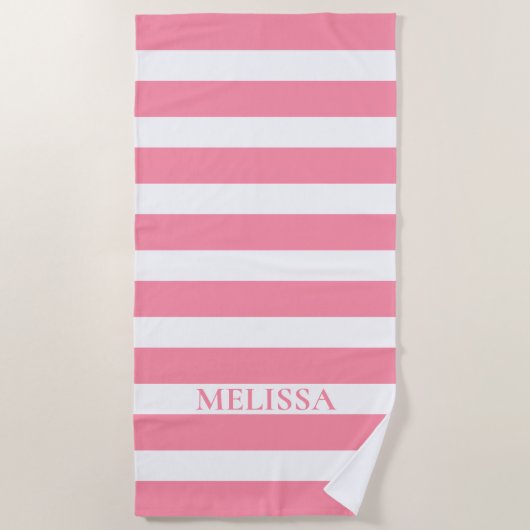 Serviette De Plage Rayure Cabane Nom Rose Et Blanc Rayé (Devant)