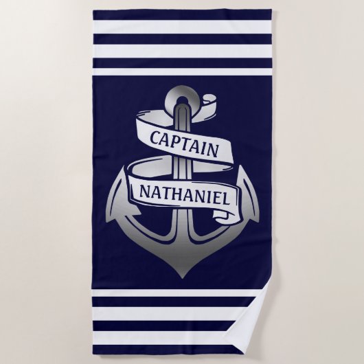Serviette De Plage Rayure nautique de blanc de marine de capitaine (Devant)