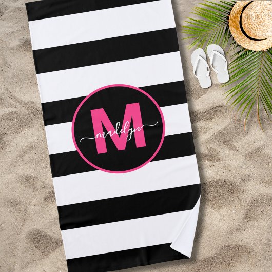 Serviette De Plage Rayure Noir Blanc Monogramme Rose Chaud Nom