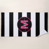 Serviette De Plage Rayure Noir Blanc Monogramme Rose Chaud Nom (Devant)