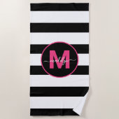 Serviette De Plage Rayure Noir Blanc Monogramme Rose Chaud Nom (Devant)