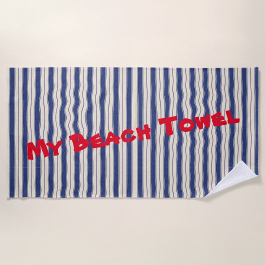 Serviette De Plage Rayures Bleues et Blanches Ondulées (Devant)