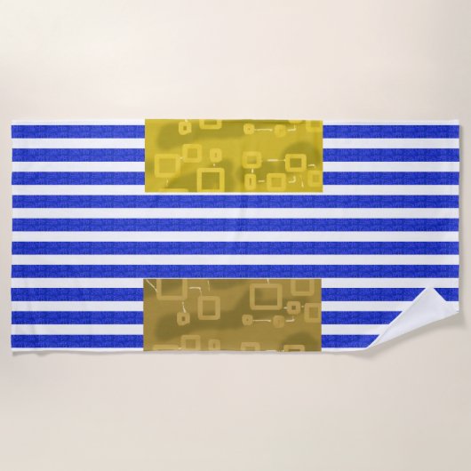 Serviette De Plage Rayures Cool Bleu Or Géométrique  (Devant)