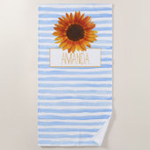 Serviette De Plage Rayures d'aquarelle bleue Tournesol personnalisé (Devant)
