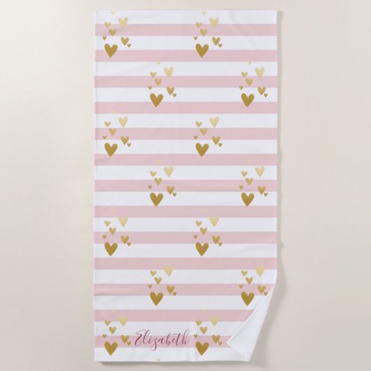 Serviette De Plage Rayures de coeurs dorés (Devant)
