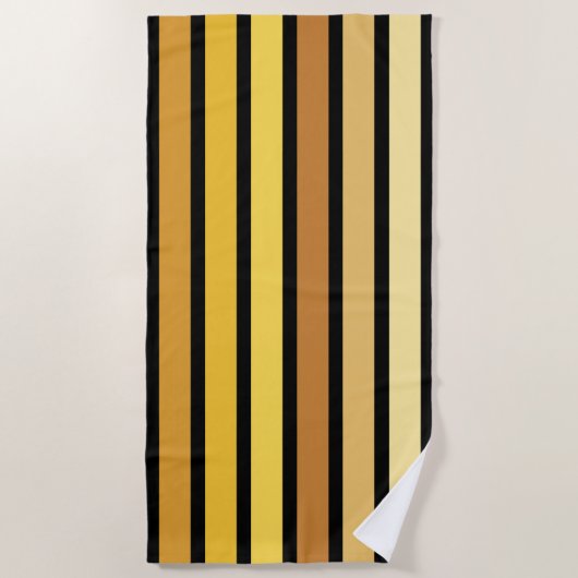 Serviette De Plage Rayures de nuances de jaune doré sur fond noir (Devant)