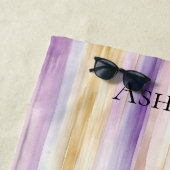 Serviette De Plage Rayures d'iris crème violet (En situation)