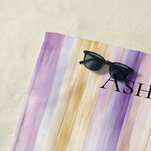 Serviette De Plage Rayures d'iris crème violet   (En situation)